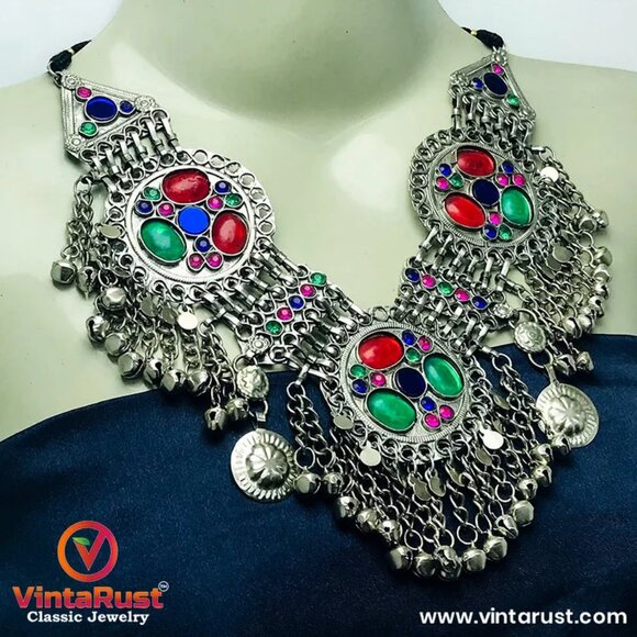 Afghan Three Rings Necklace With Red and Green Glass Stones, Kuchi Tribal Bib - Picture 3 of 9